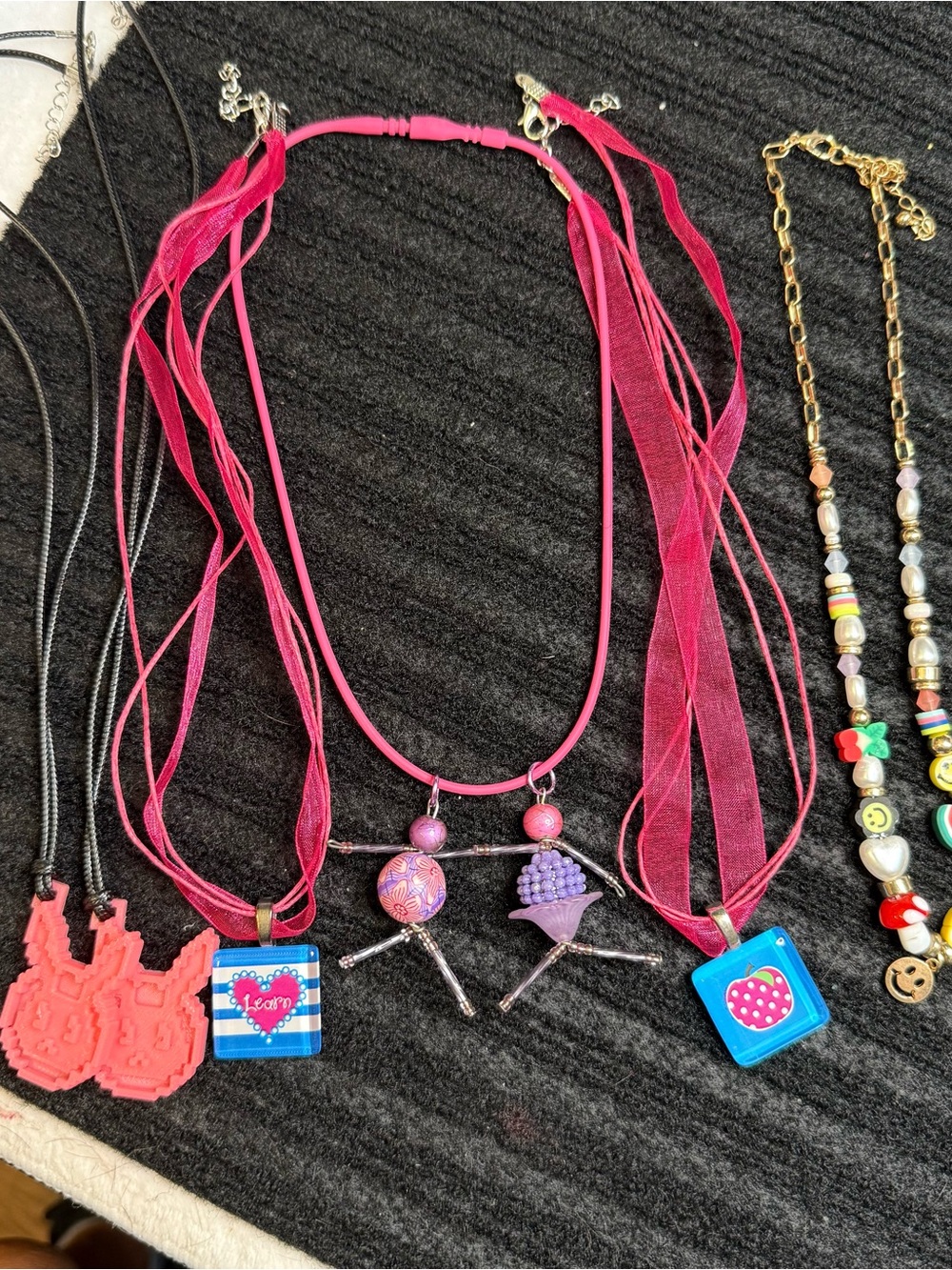 Girls Fuchsia Multi-Pendant Ribbon Necklace Trio - Unbranded